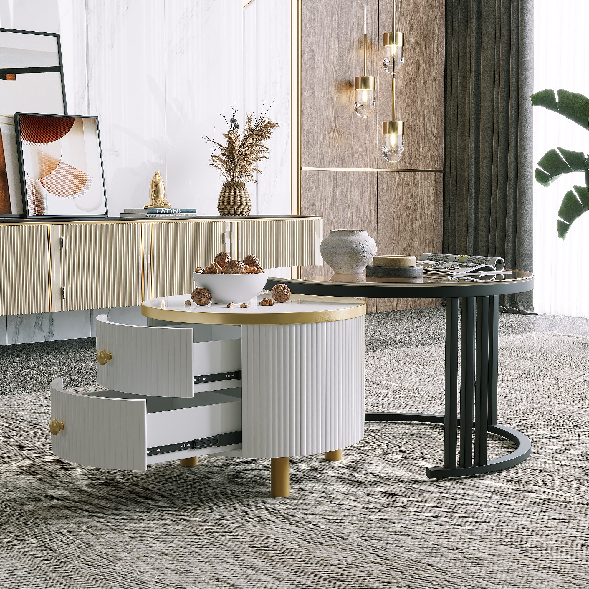 Set Di 2 Tavolini Impilabili Con 2 Cassetti - Piani In Vetro Temperato Oro Bianco
