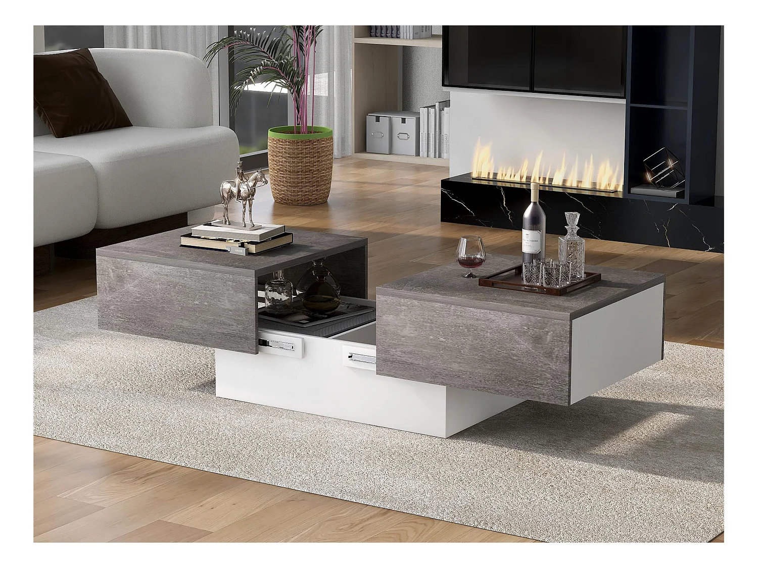 Table basse extensible avec coffre de rangement - table coulissante - Gris