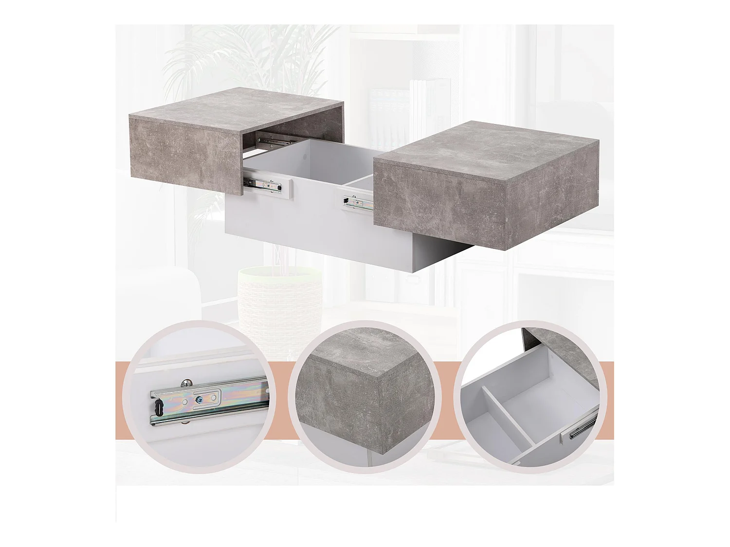 Table basse extensible avec coffre de rangement - table coulissante - Gris