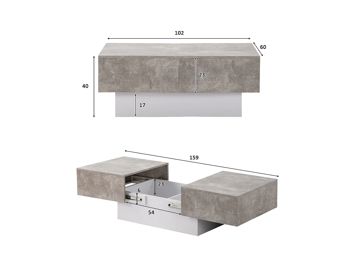 Table basse extensible avec coffre de rangement - table coulissante - Gris