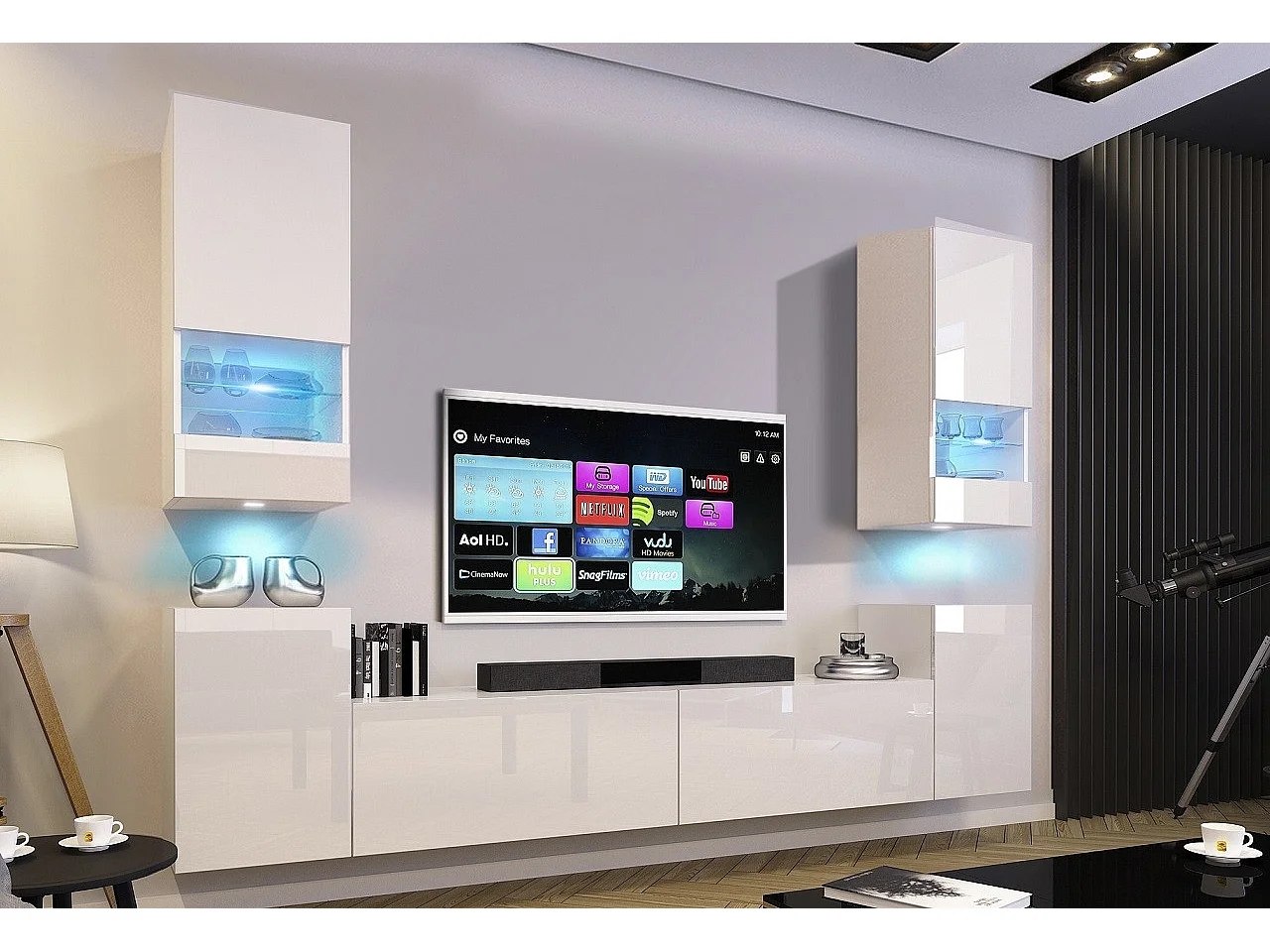 Ensemble meuble TV CONCEPT 67-67-HG-W-2-1A blanc brillant 240 x 35 x 181-200 cm