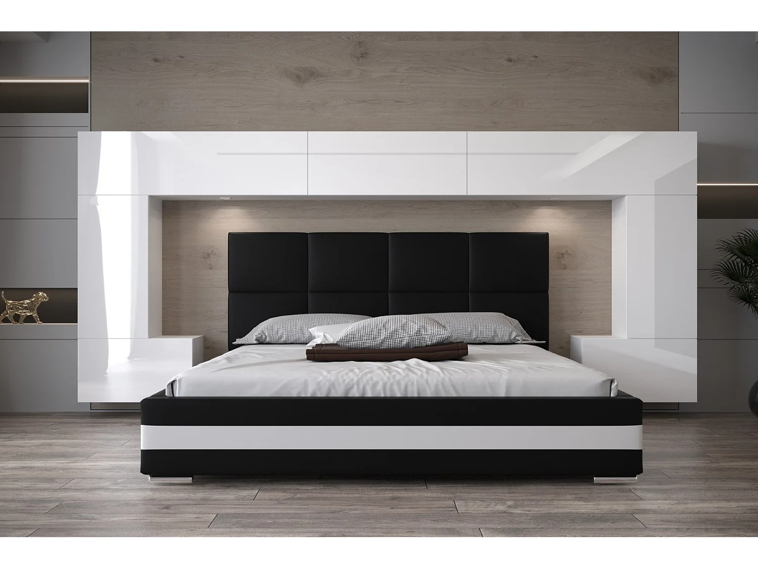 Tête de lit avec rangement Armoire - pont de lit PANAMA 6/21W/HG2-1A blanc/blanc brillant 323x167x35cm