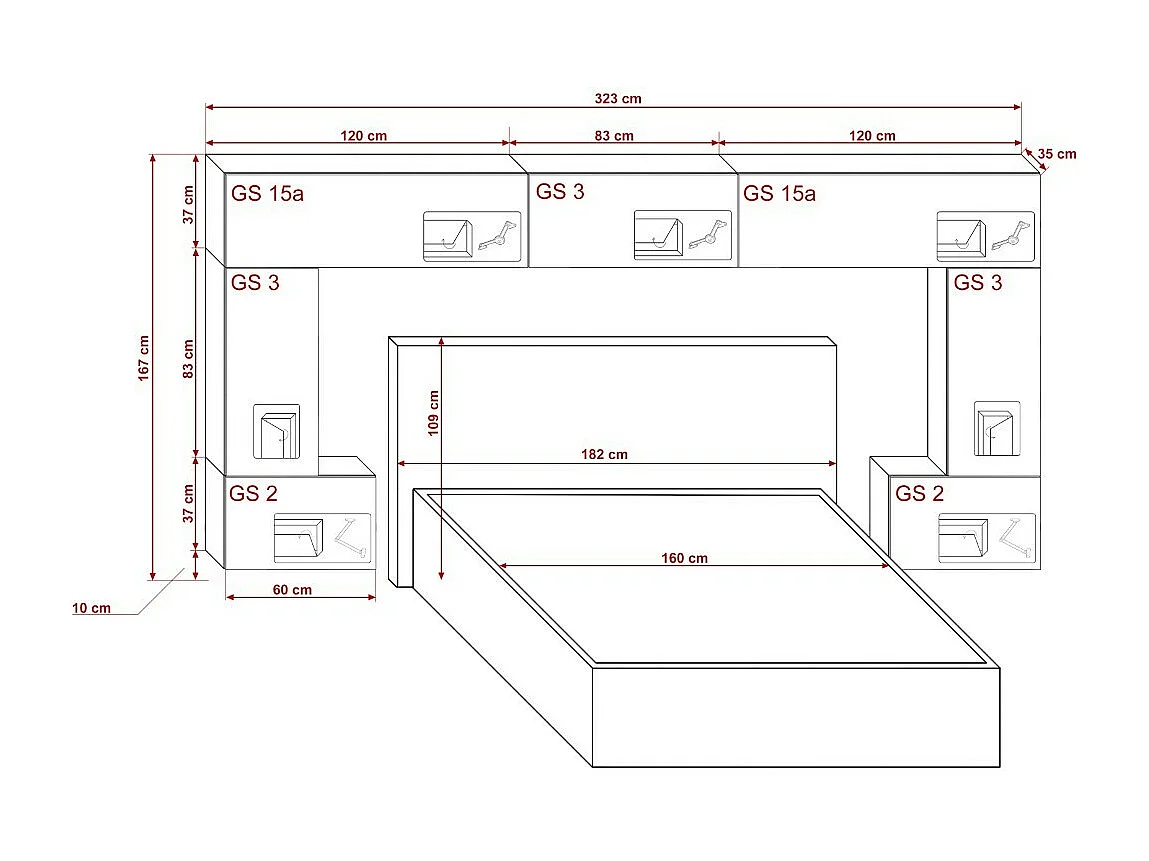 Tête de lit avec rangement Armoire - pont de lit PANAMA 6/21W/HG2-1A blanc/blanc brillant 323x167x35cm
