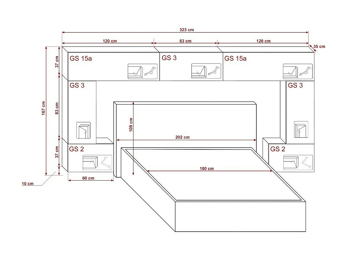 Tête de lit avec rangement Armoire - pont de lit PANAMA 6/21W/HG2-1A blanc/blanc brillant 323x167x35cm