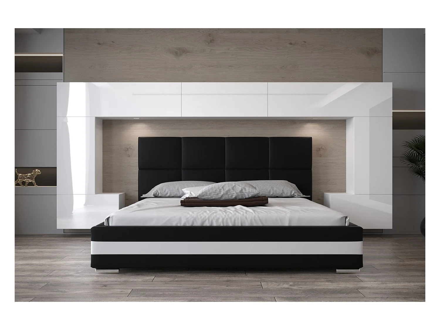 Tête de lit avec rangement Armoire - pont de lit PANAMA 6/21W/HG2-1A blanc/blanc brillant 323x167x35cm
