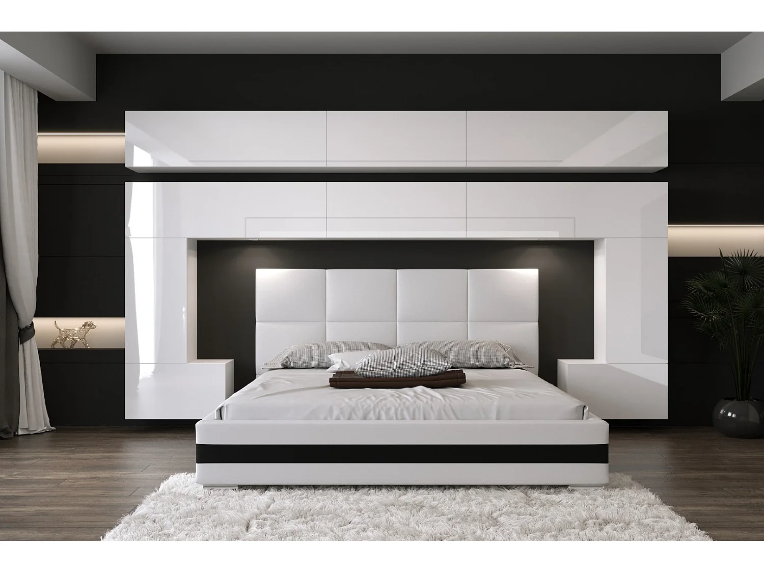 Tête de lit avec rangement Armoire - pont de lit PANAMA 5/HG/W/2-1A blanc/blanc brillant 323x214x35cm