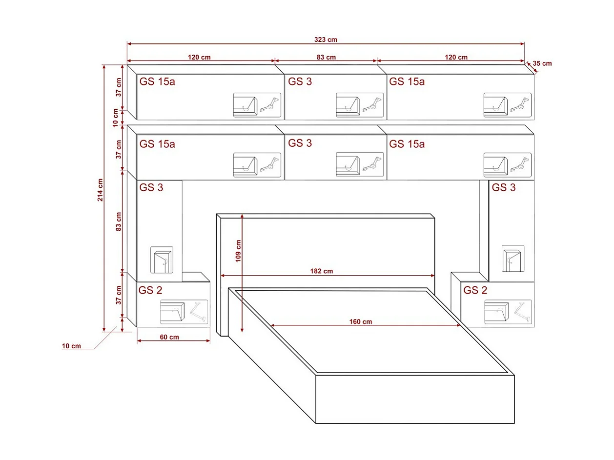 Tête de lit avec rangement Armoire - pont de lit PANAMA 5/HG/W/2-1A blanc/blanc brillant 323x214x35cm
