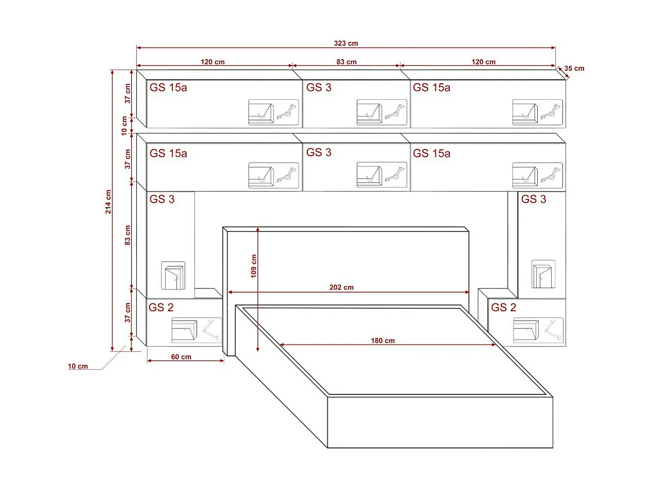 Tête de lit avec rangement Armoire - pont de lit PANAMA 5/HG/W/2-1A blanc/blanc brillant 323x214x35cm