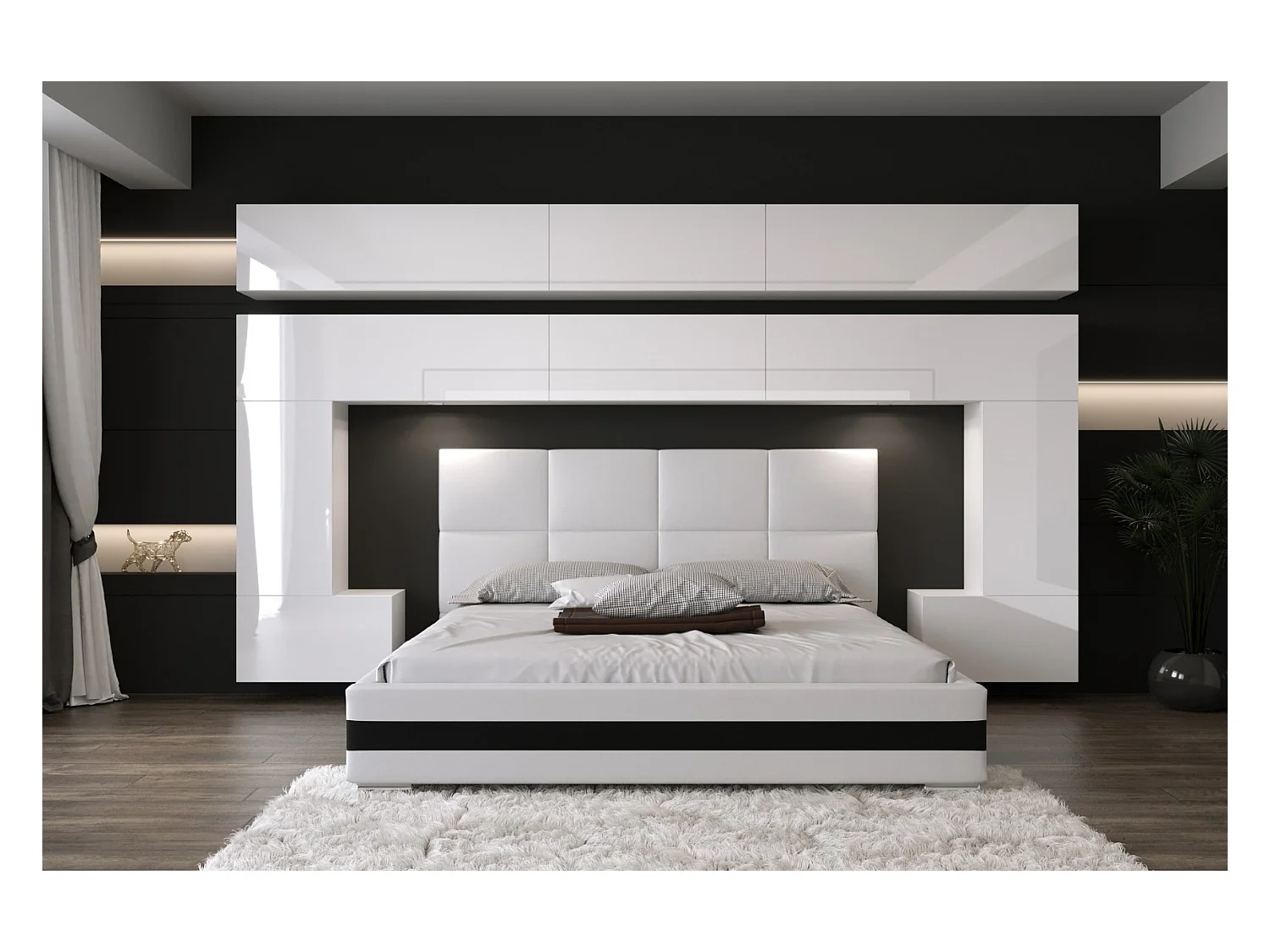 Tête de lit avec rangement Armoire - pont de lit PANAMA 5/HG/W/2-1A blanc/blanc brillant 323x214x35cm
