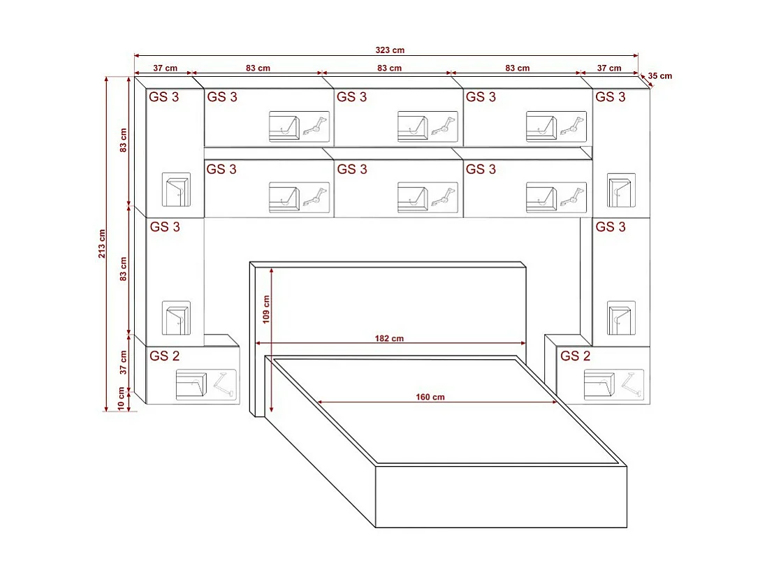Tête de lit avec rangement Armoire - pont de lit PANAMA 7/M/S/5-1A chêne sonoma 323x213x35cm