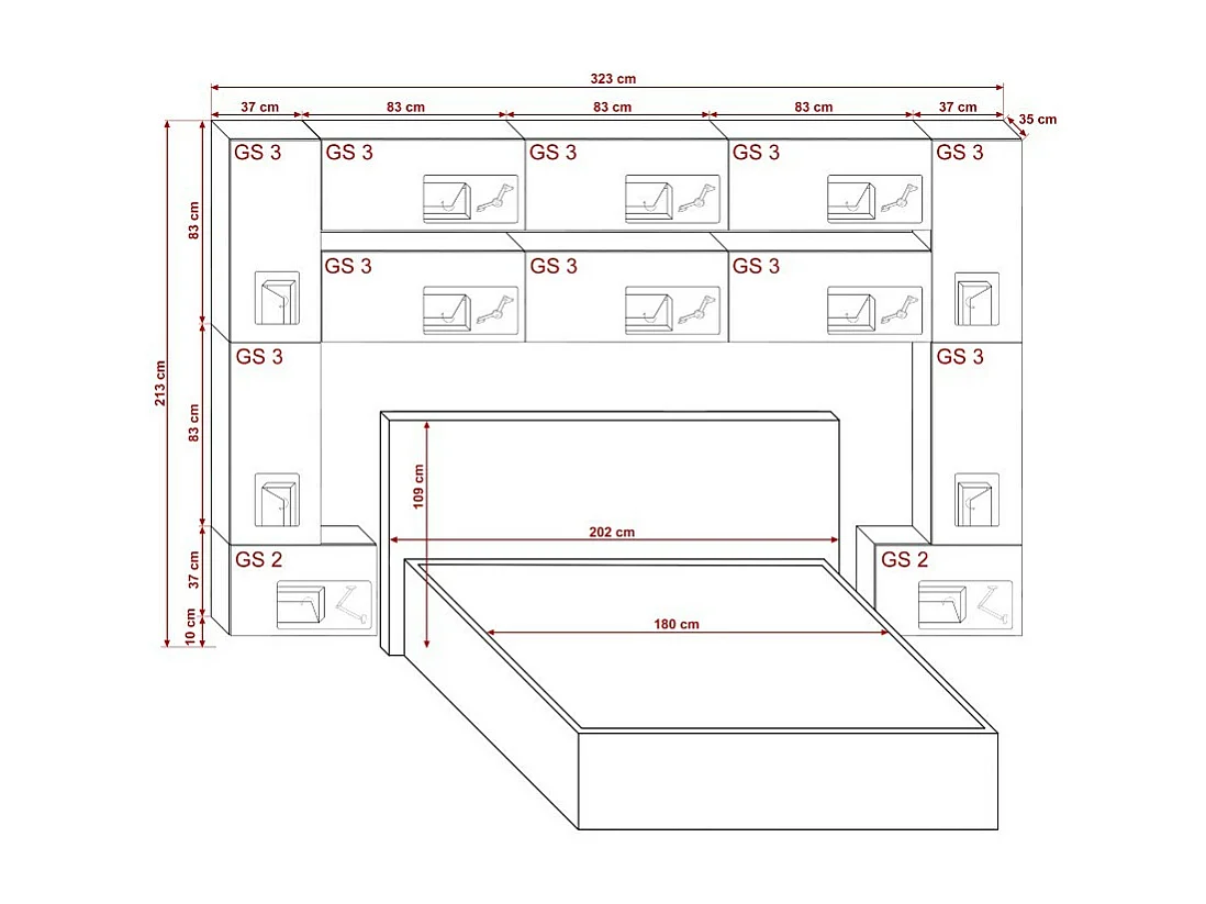 Tête de lit avec rangement Armoire - pont de lit PANAMA 7/M/S/5-1A chêne sonoma 323x213x35cm