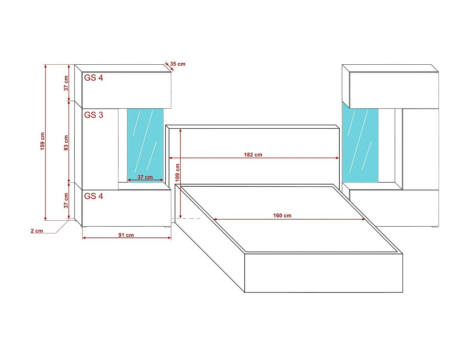 Tête de lit avec rangement Armoire - pont de lit PANAMA 1/21S/M5 chêne sonoma 345-385x159cm
