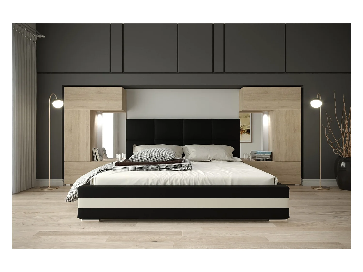 Tête de lit avec rangement Armoire - pont de lit PANAMA 1/21S/M5 chêne sonoma 345-385x159cm