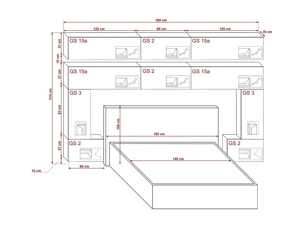 Tête de lit avec rangement Armoire - pont de lit PANAMA 5/HG/B/1-1C noir/noir brillant 300x214x35cm