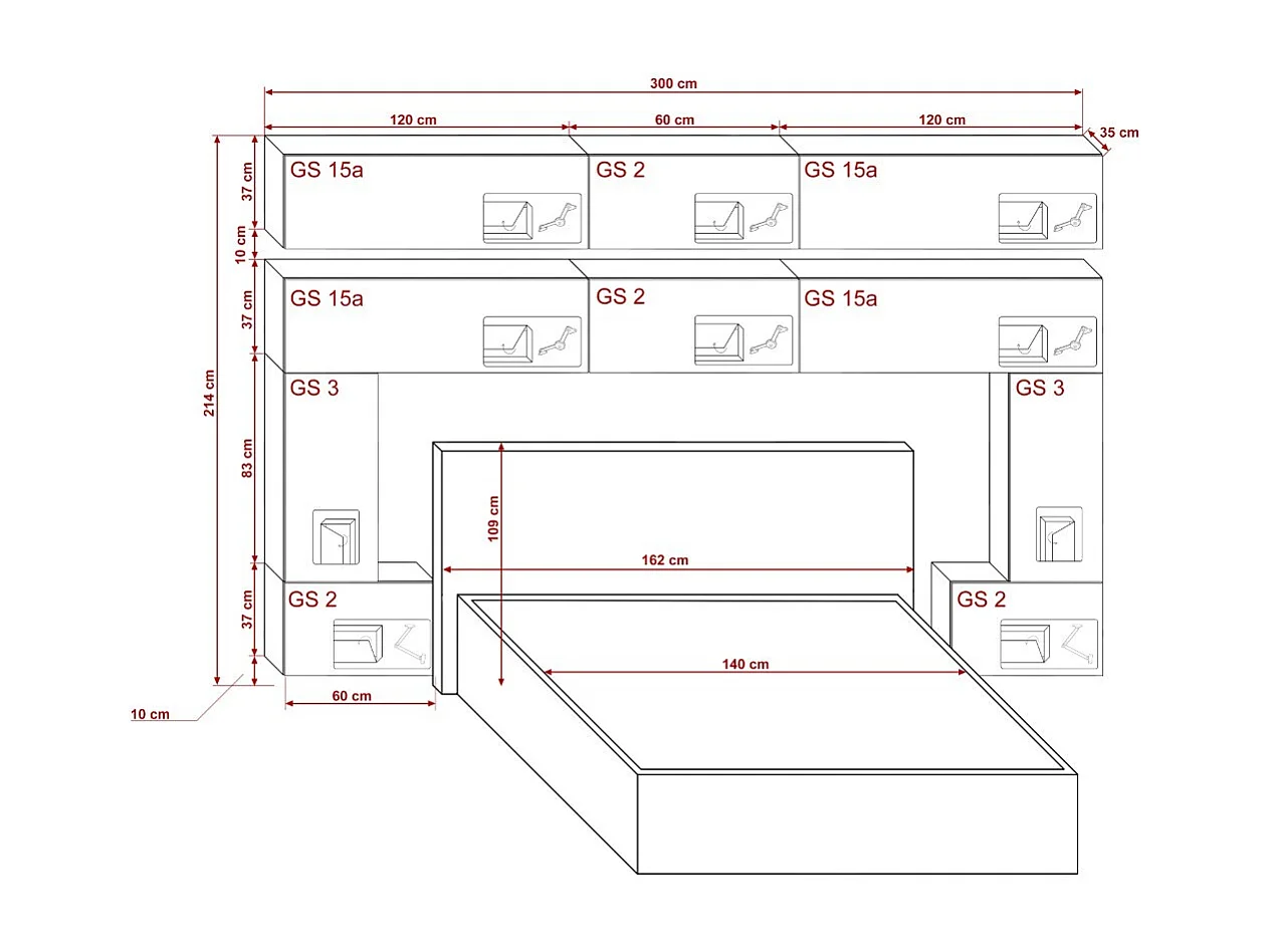 Tête de lit avec rangement Armoire - pont de lit PANAMA 5/HG/W/2-1C blanc/blanc brillant 300x214x35cm