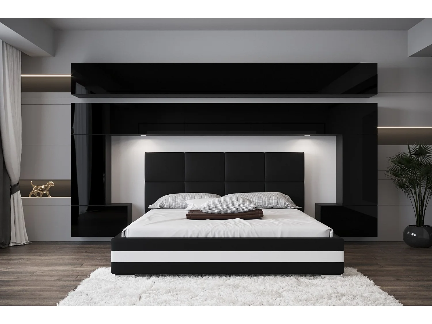 Tête de lit avec rangement Armoire - pont de lit PANAMA 5/HG/B/1-1A noir/noir brillant 323x214x35cm