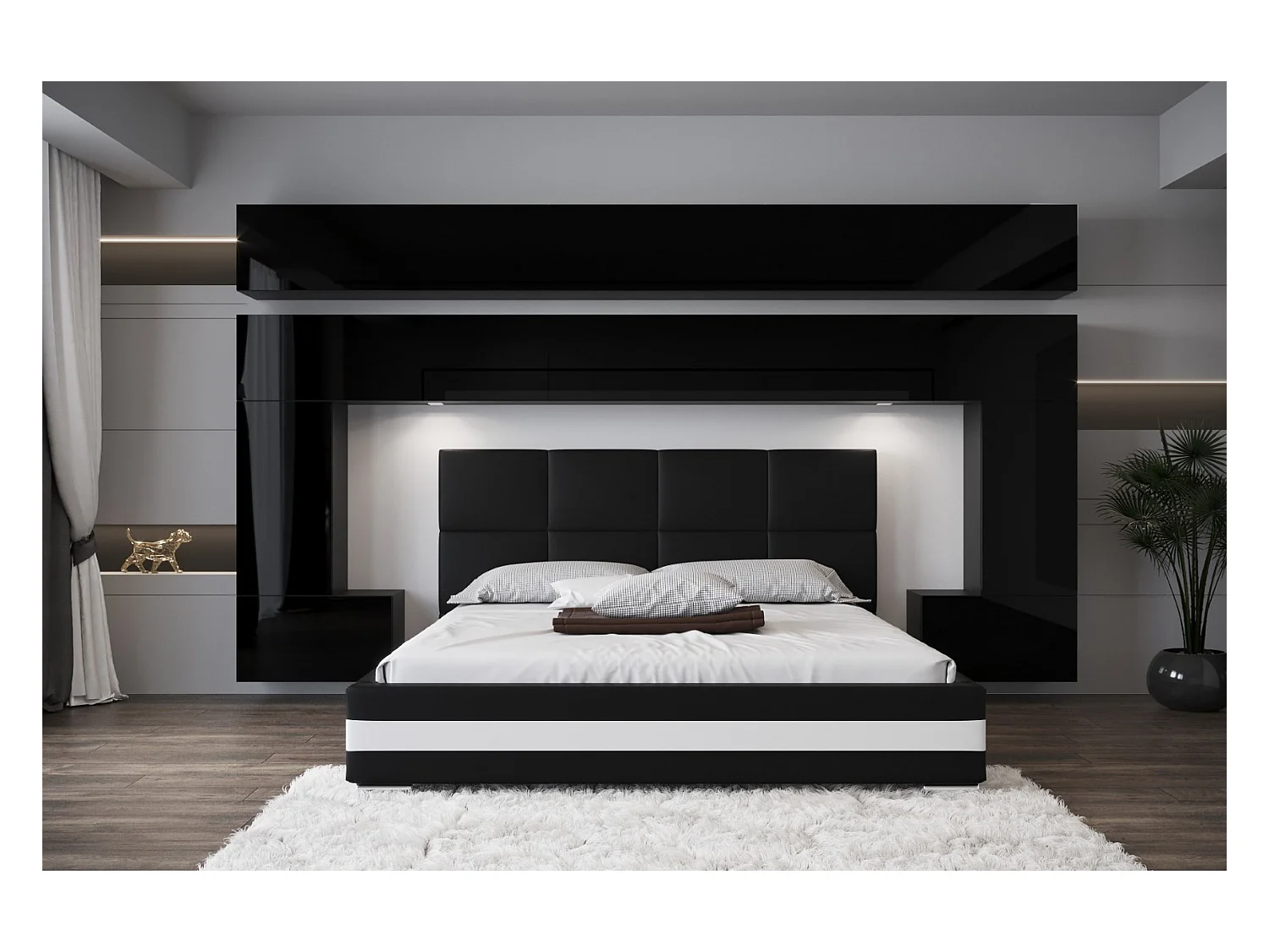 Tête de lit avec rangement Armoire - pont de lit PANAMA 5/HG/B/1-1A noir/noir brillant 323x214x35cm