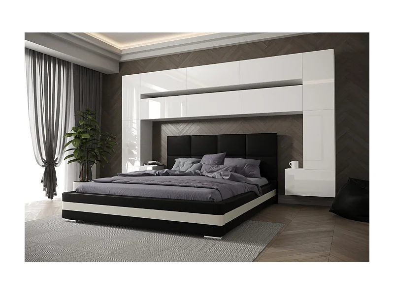 Tête de lit avec rangement Armoire - pont de lit PANAMA 7/HG/W/2-1A blanc/blanc brillant 323x213x35cm