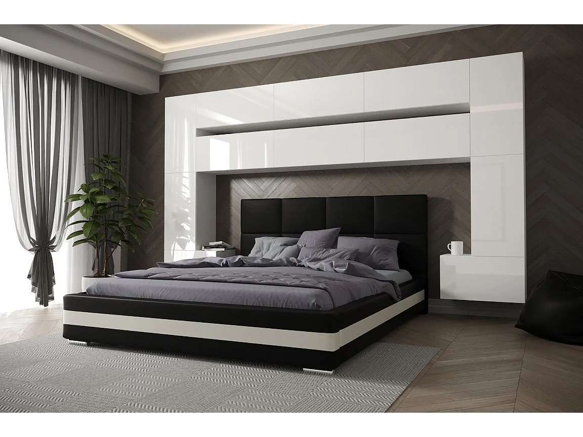 Tête de lit avec rangement Armoire - pont de lit PANAMA 7/HG/W/2-1A blanc/blanc brillant 323x213x35cm