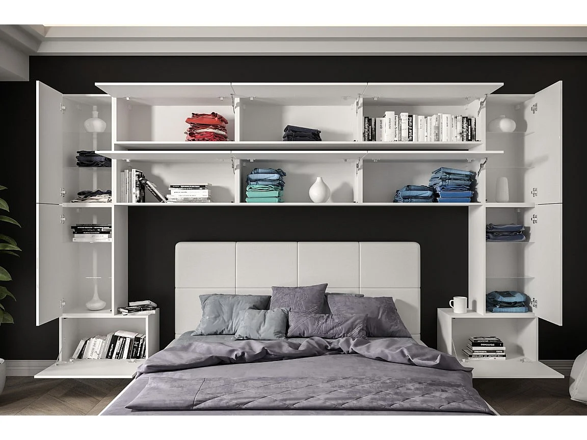 Tête de lit avec rangement Armoire - pont de lit PANAMA 7/HG/W/2-1A blanc/blanc brillant 323x213x35cm