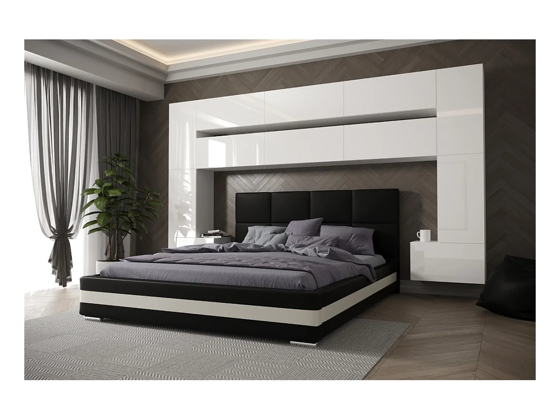Tête de lit avec rangement Armoire - pont de lit PANAMA 7/HG/W/2-1A blanc/blanc brillant 323x213x35cm