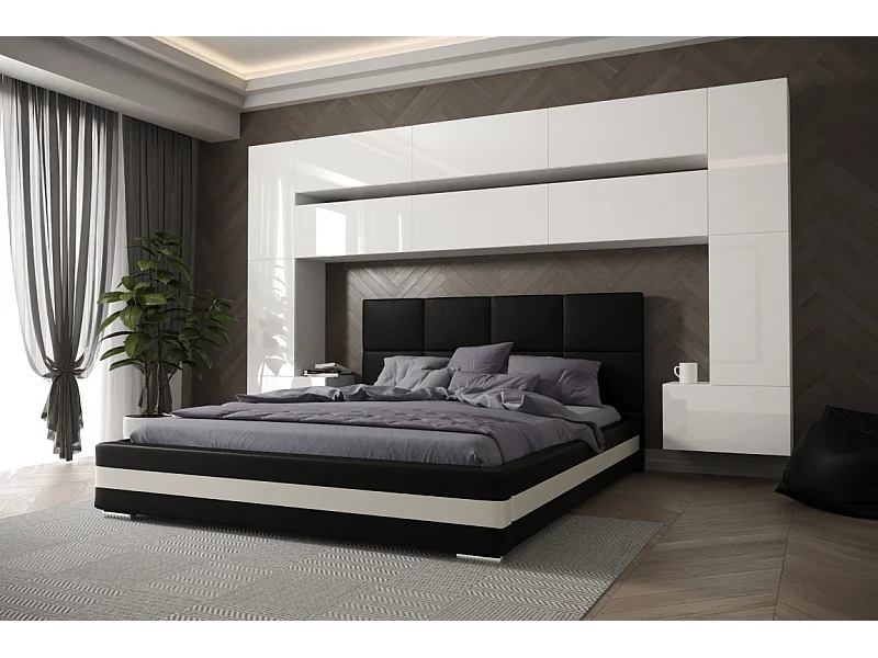 Tête de lit avec rangement Armoire - pont de lit PANAMA 7/HG/W/2-1A blanc/blanc brillant 323x213x35cm