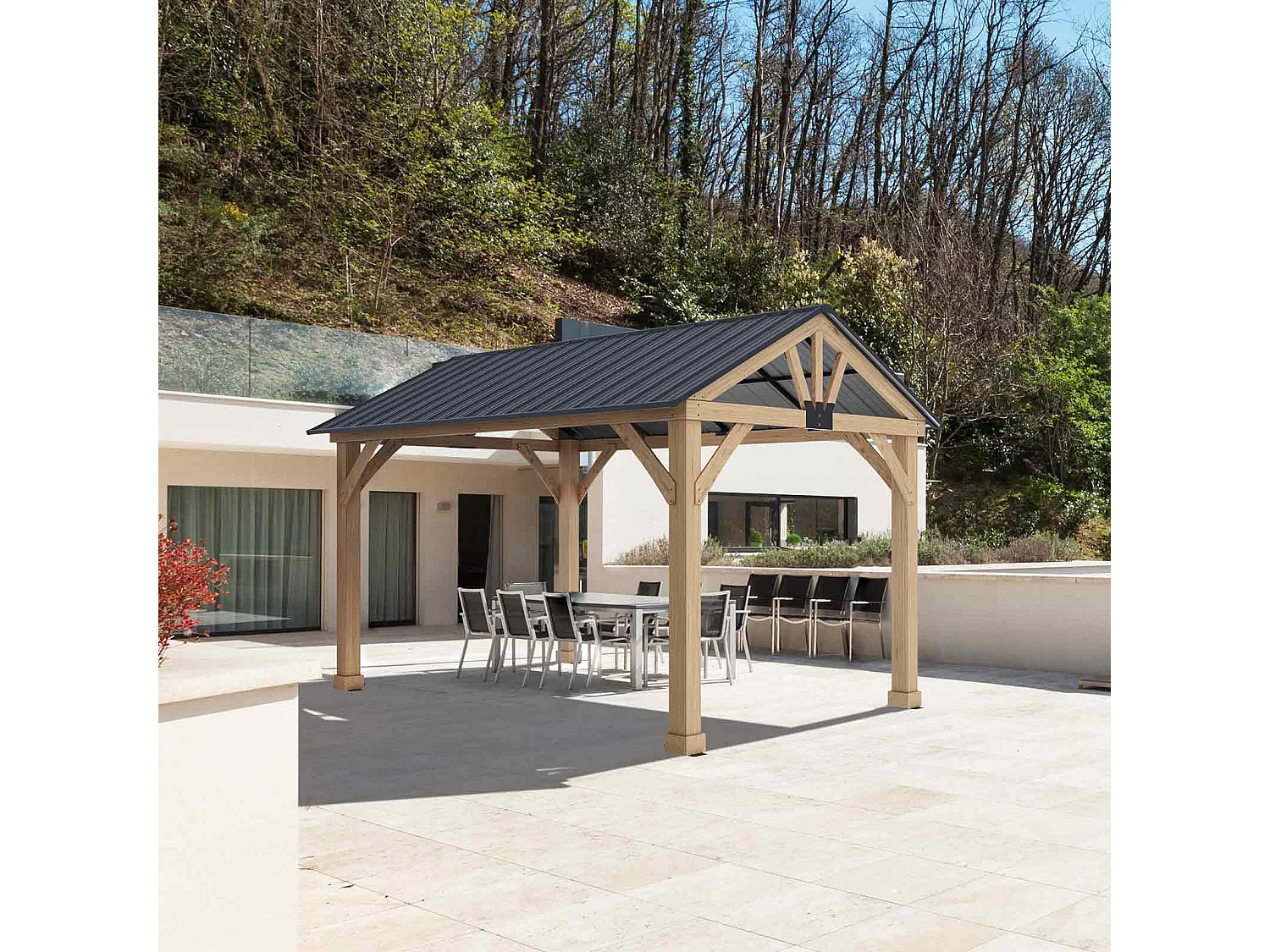 Pergola de Jardin Gardiun Fénix 12 m2 Extérieur 300x401x282 cm Bois stratifié | Piliers 14x14 cm | Couverture en acier | Fixation incluse