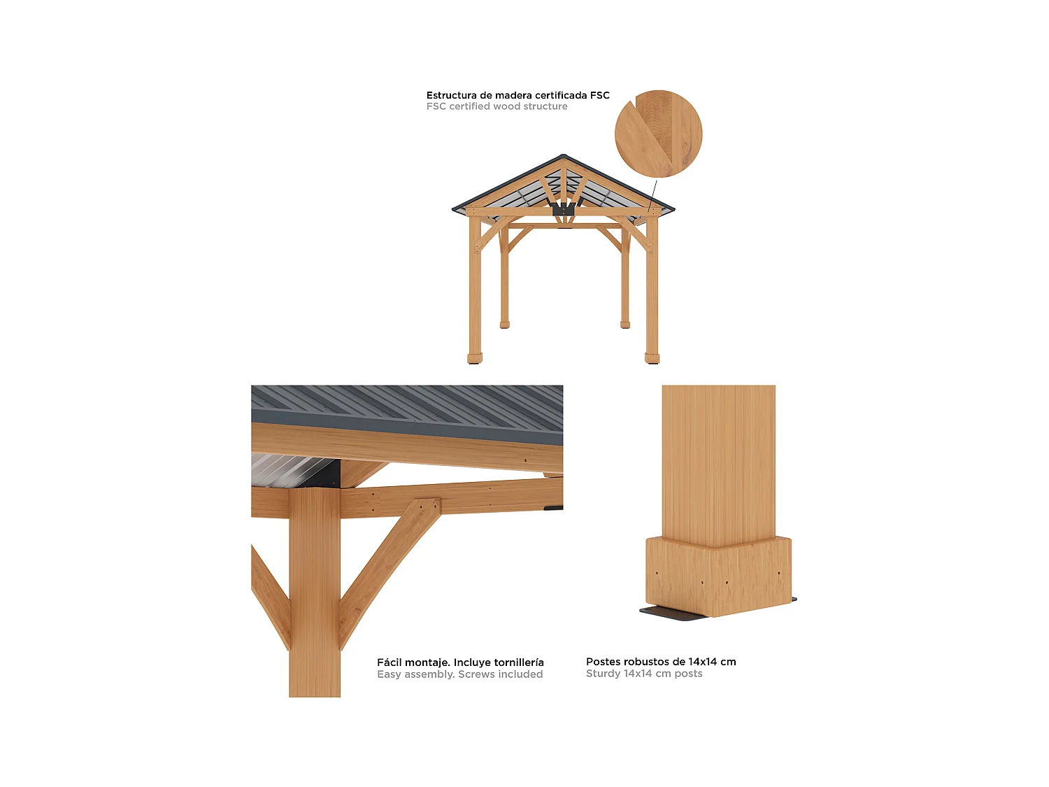 Pergola de Jardin Gardiun Fénix 12 m2 Extérieur 300x401x282 cm Bois stratifié | Piliers 14x14 cm | Couverture en acier | Fixation incluse