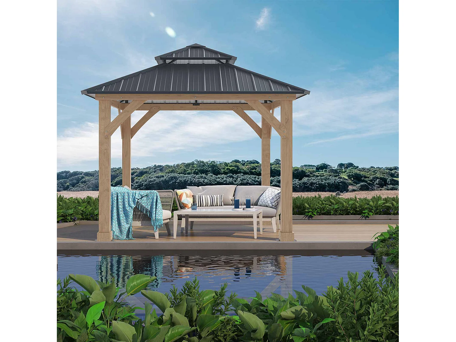Pergola de Jardin Gardiun Denver 8,76 m2 287x287x300 cm Bois stratifié | Piliers de 14x14 cm | Double couverture en acier | Fixation incluse