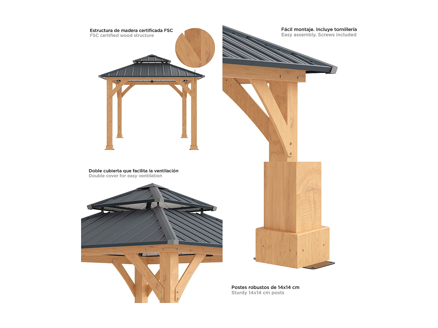 Pergola de Jardin Gardiun Denver 8,76 m2 287x287x300 cm Bois stratifié | Piliers de 14x14 cm | Double couverture en acier | Fixation incluse