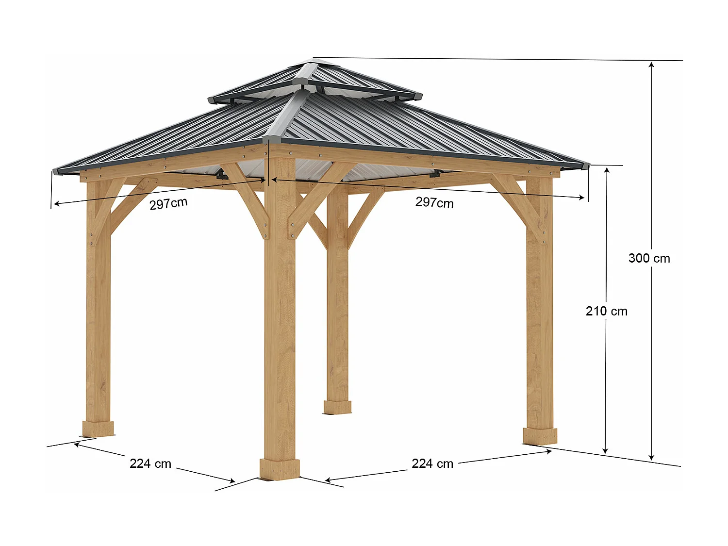 Pergola de Jardin Gardiun Denver 8,76 m2 287x287x300 cm Bois stratifié | Piliers de 14x14 cm | Double couverture en acier | Fixation incluse