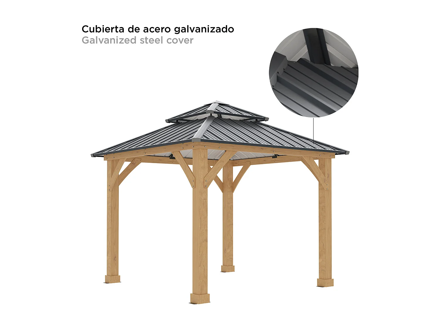 Pergola de Jardin Gardiun Denver 8,76 m2 287x287x300 cm Bois stratifié | Piliers de 14x14 cm | Double couverture en acier | Fixation incluse
