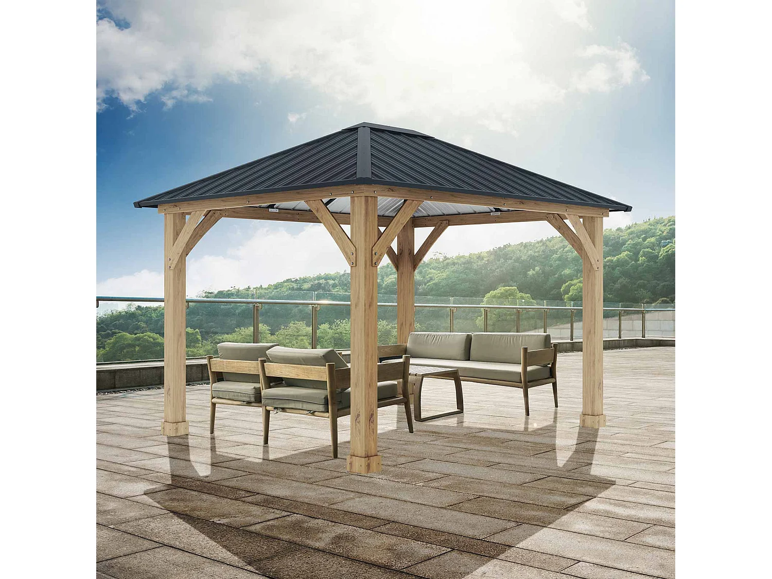 Pérgola de Jardín Gardiun Tucson 10,72 m2 362x297x283 cm Madera Laminada | Postes de 14x14 cm | Cubierta de Acero | Fijación Incluida