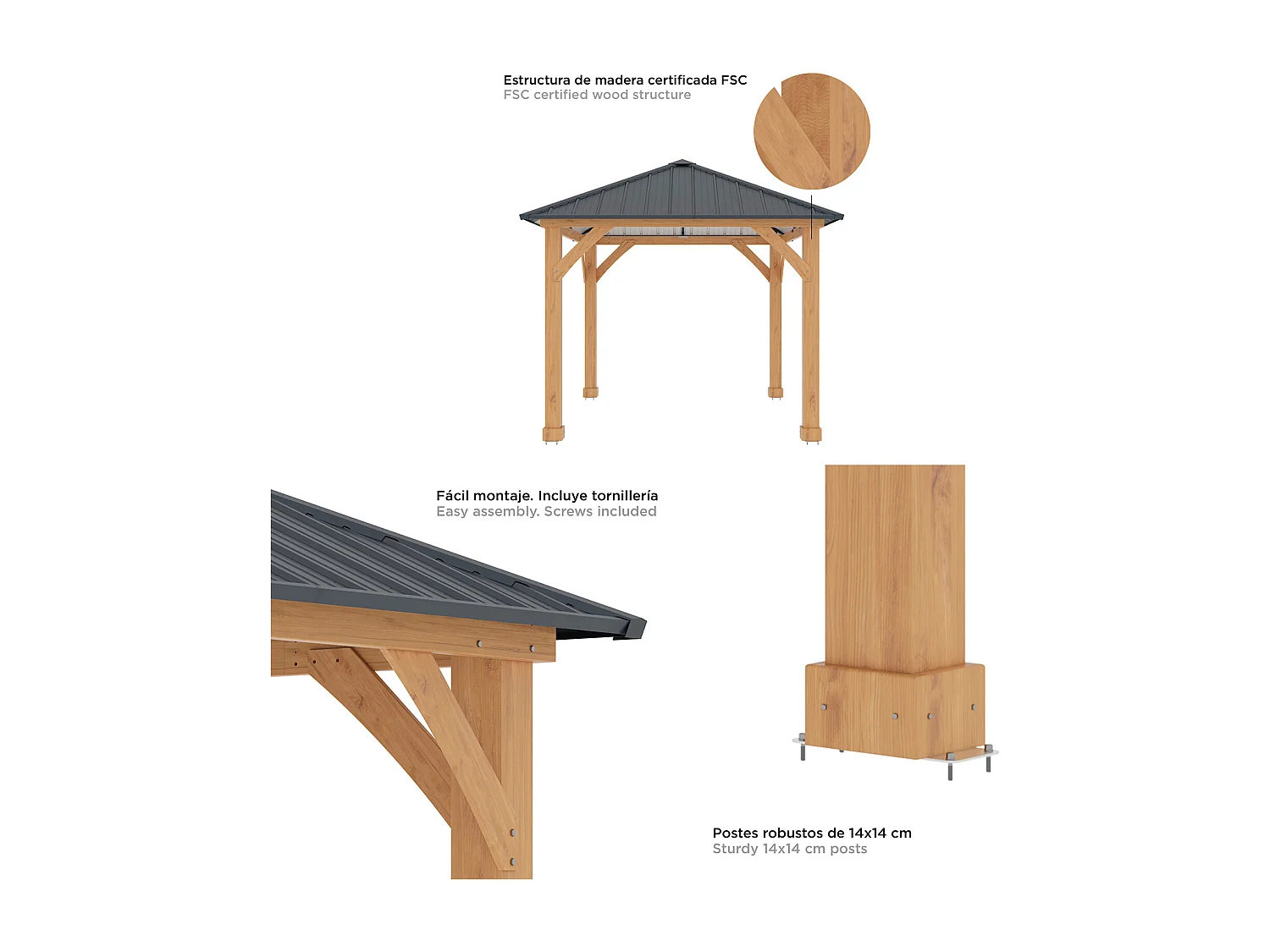 Pergola de Jardin Gardiun Tucson 10,72 m2 362x297x283 cm Bois stratifié | Piliers 14x14 cm | Couverture en acier | Fixation incluse