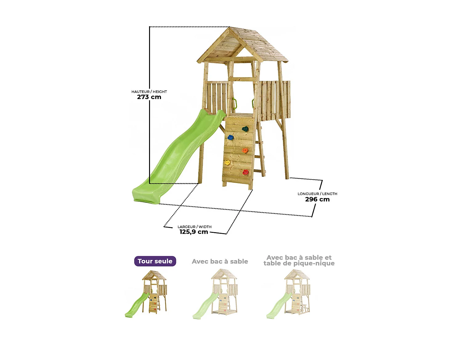 Kangui - Tour de jeux en bois WIKI - Toboggan, mur d'escalade, cabane, échelle