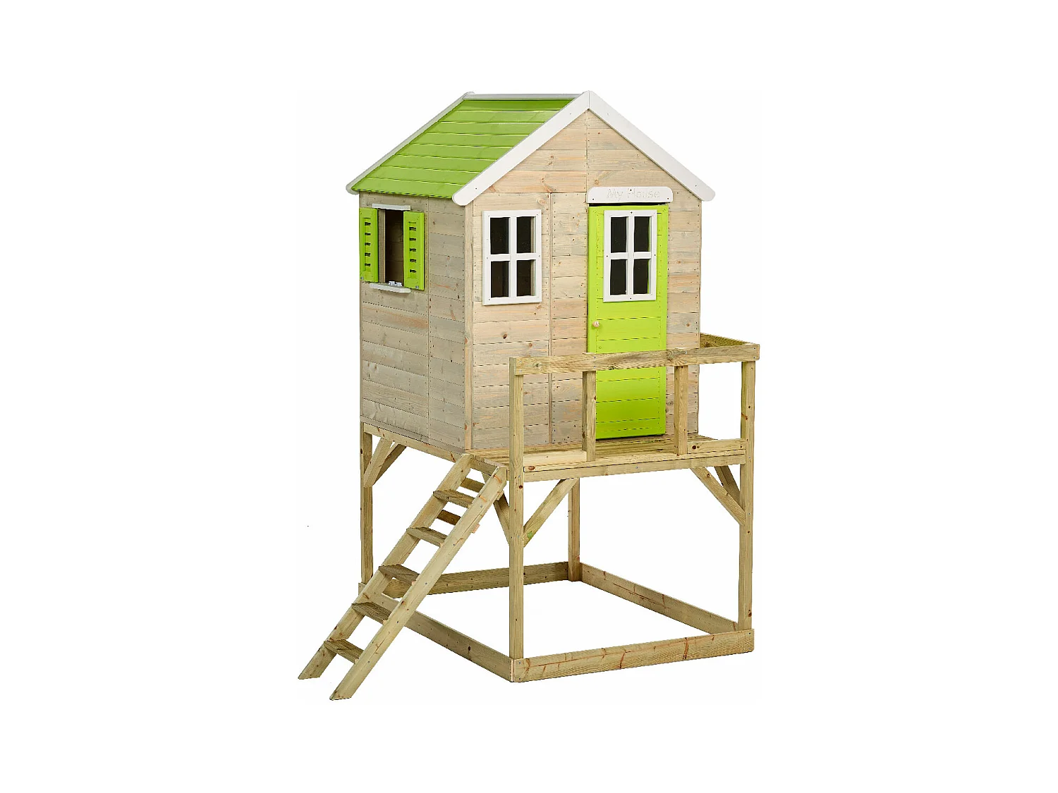 Kangui - Maison de jardin enfant extérieur - Cabane en Bois avec plateforme - Toit étanche - Vert et Blanc