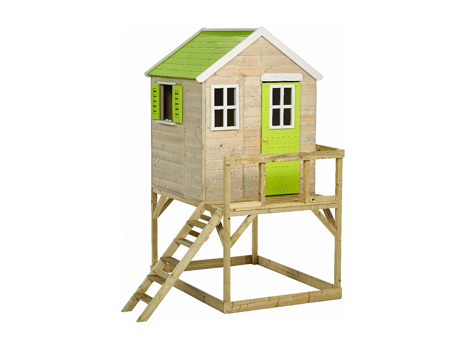 Kangui - Maison de jardin enfant extérieur - Cabane en Bois avec plateforme - Toit étanche - Vert et Blanc
