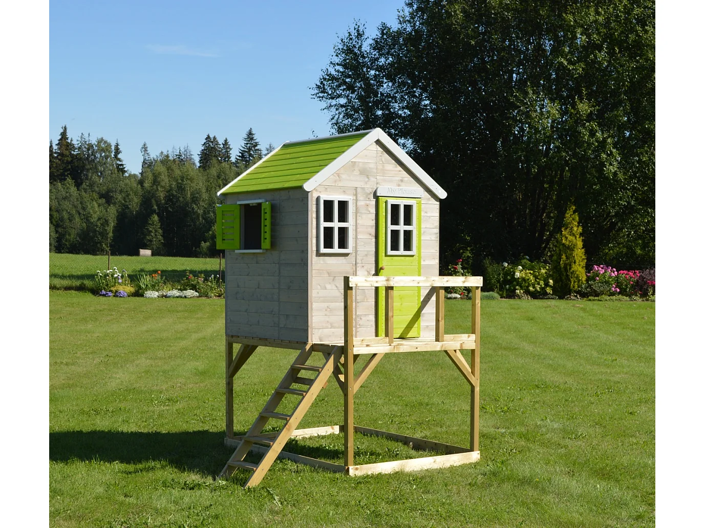 Kangui - Maison de jardin enfant extérieur - Cabane en Bois avec plateforme - Toit étanche - Vert et Blanc
