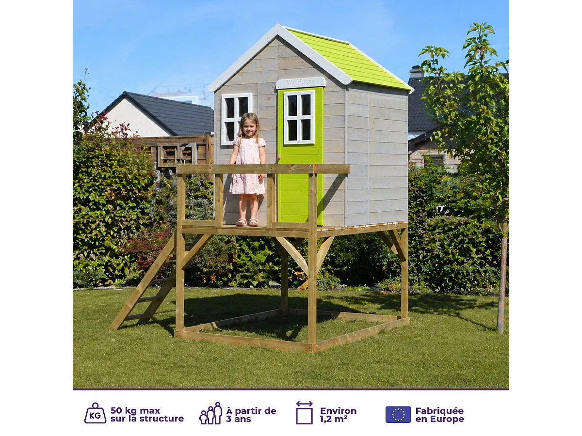 KANGUI Maisonnette Enfant Extérieur en Bois TINNI avec Plateforme - Toit Étanche - Vert & Blanc