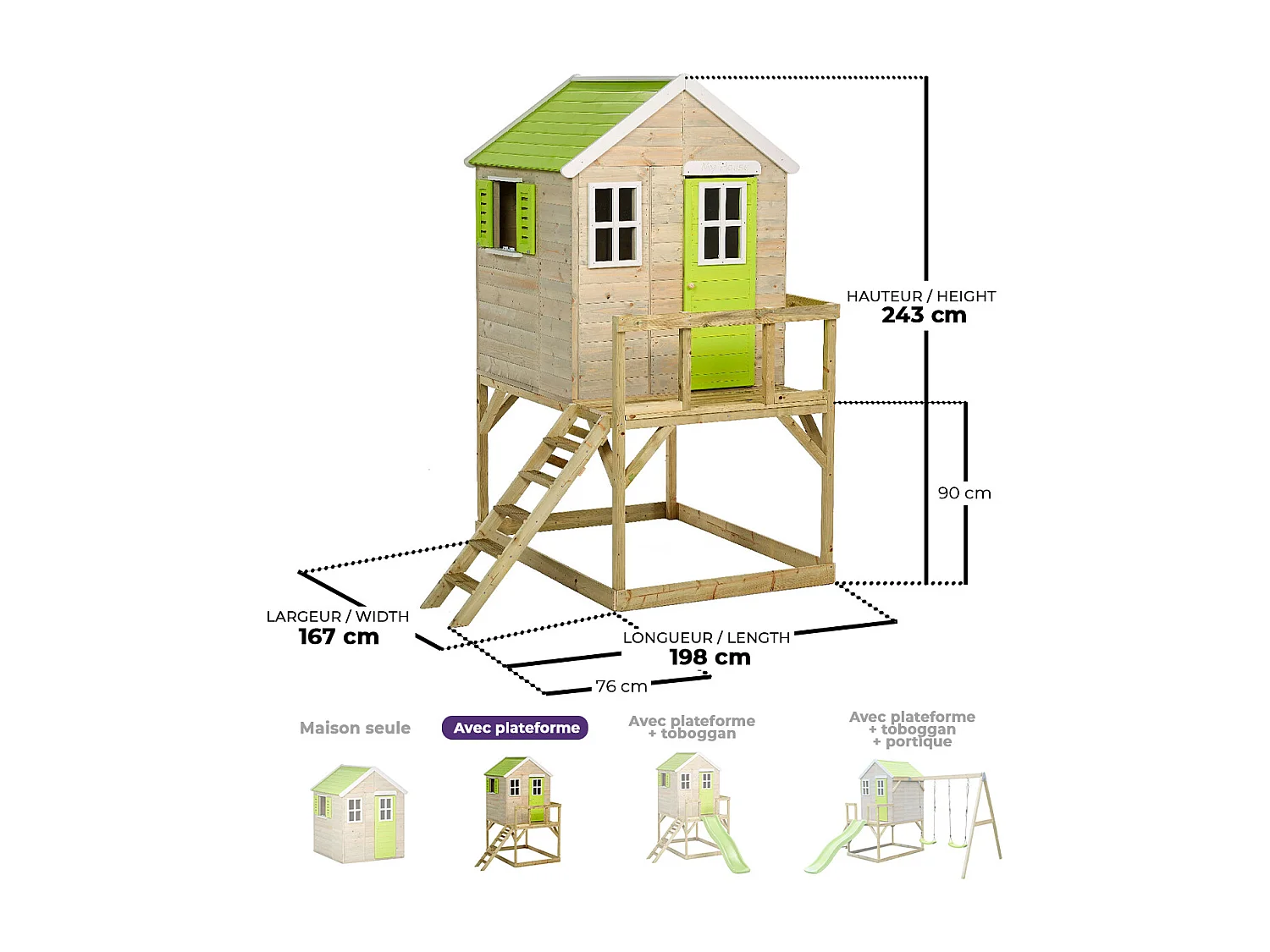 KANGUI Maisonnette Enfant Extérieur en Bois TINNI avec Plateforme - Toit Étanche - Vert & Blanc