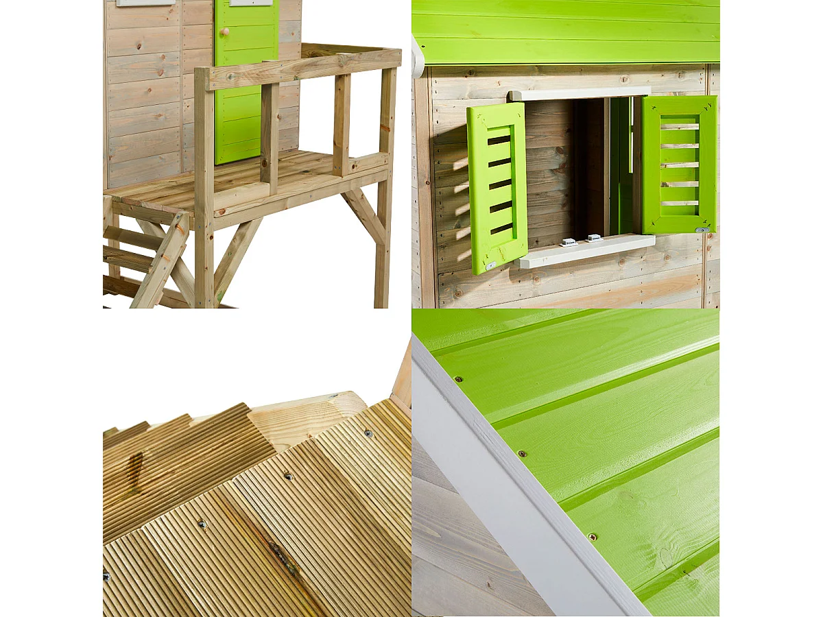 KANGUI Maisonnette Enfant Extérieur en Bois TINNI avec Plateforme - Toit Étanche - Vert & Blanc