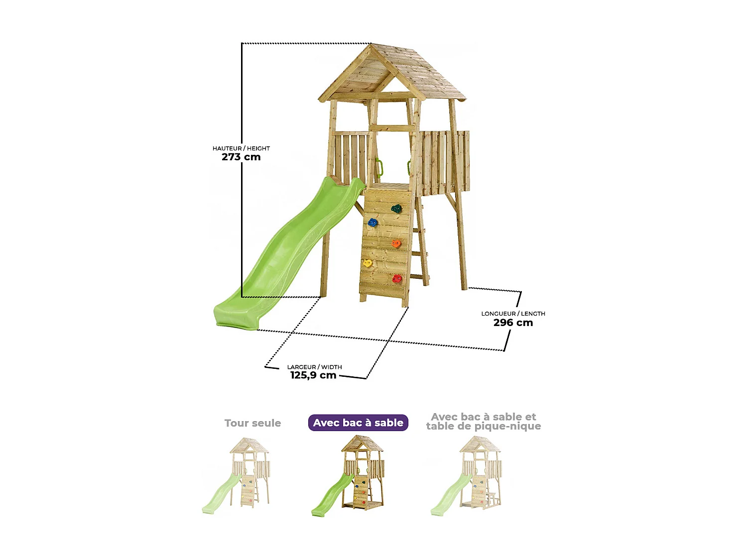 Kangui - Tour de jeux en bois Wiki - Toboggan, mur d'escalade, cabane, échelle et grand bac à sable