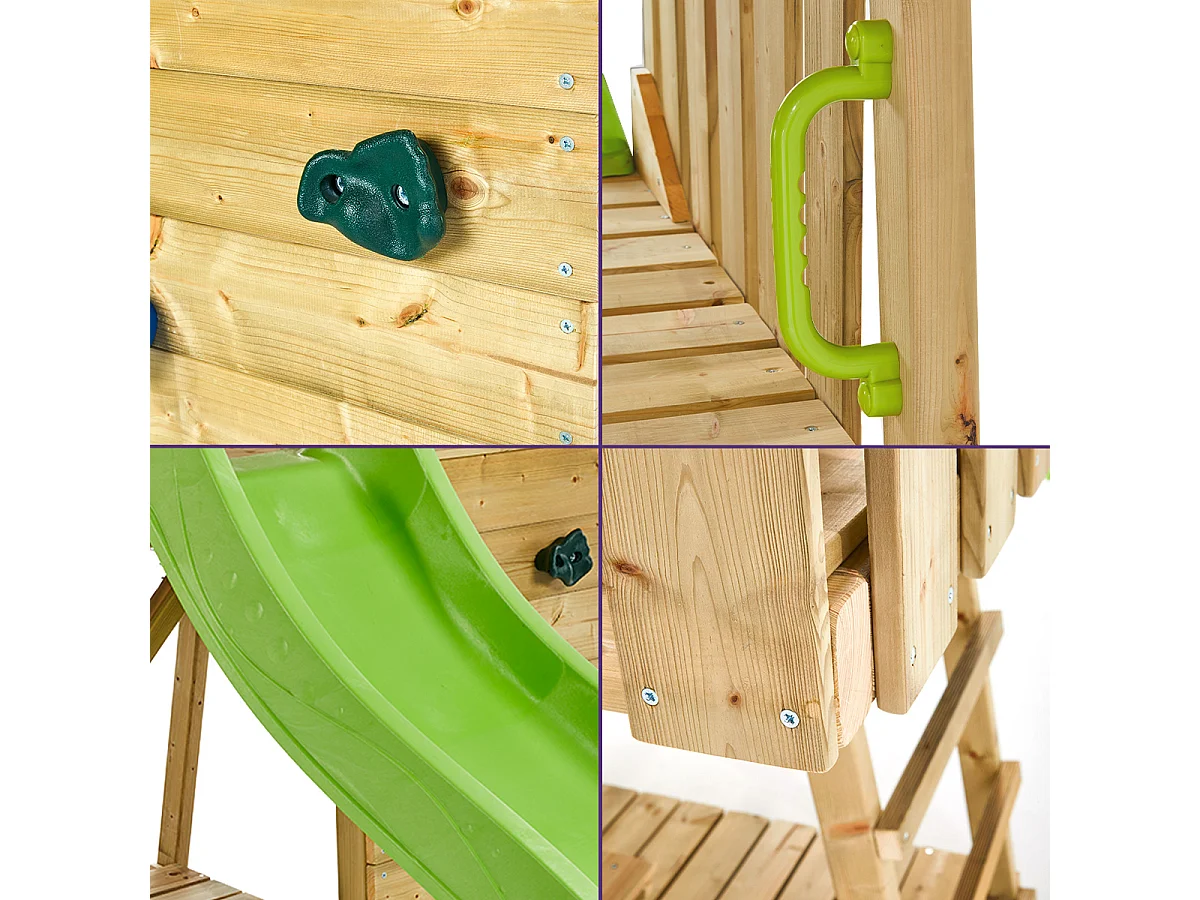 Kangui - Tour de jeux en bois Wiki - Toboggan, mur d'escalade, cabane, échelle et grand bac à sable