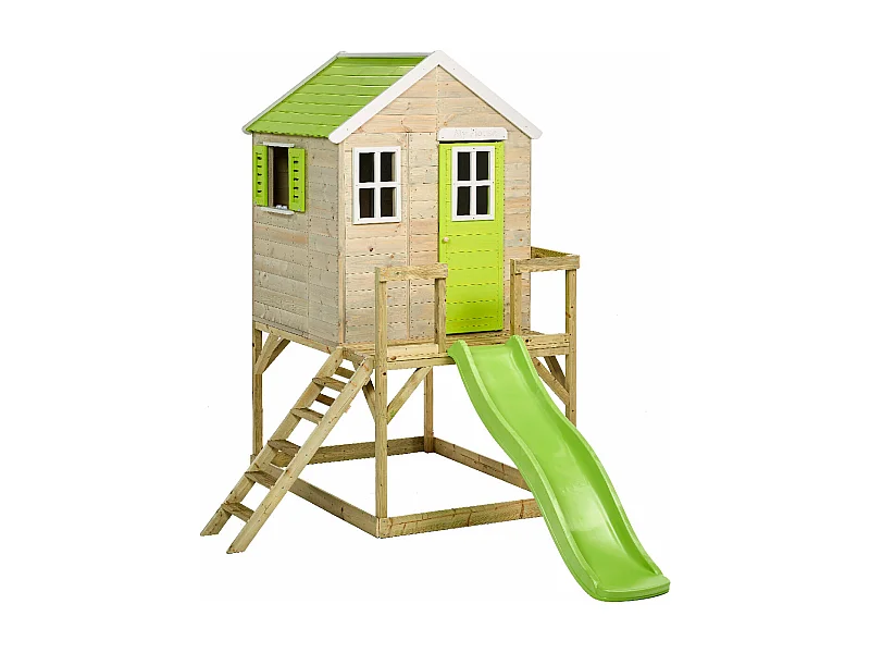 Kangui - Maison de jardin enfant extérieur - Cabane en Bois avec plateforme et toboggan - Toit étanche - Vert et Blanc