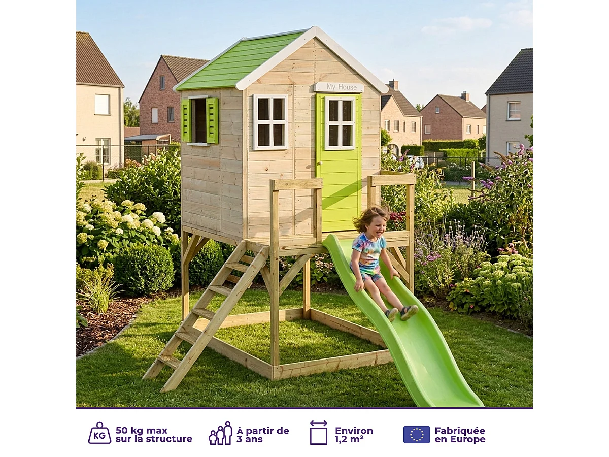 Kangui - Maisonnette Enfant Extérieur en Bois TINNI avec Plateforme et Toboggan - Toit Étanche - Vert & Blanc