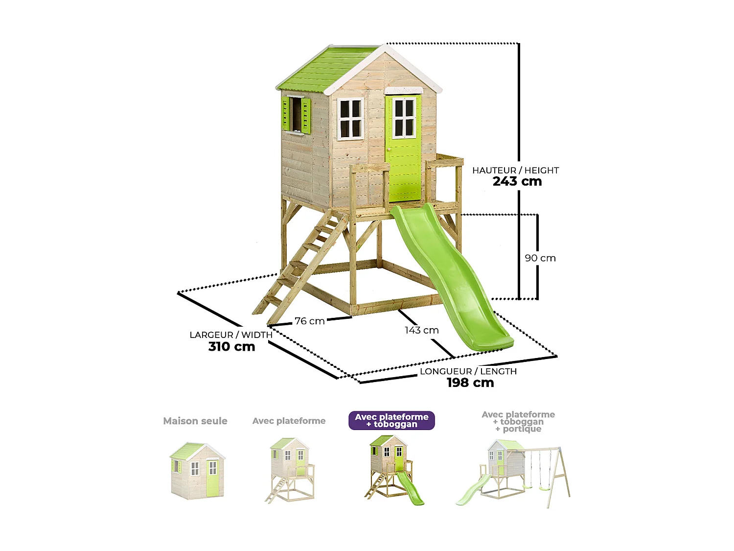 Kangui - Maisonnette Enfant Extérieur en Bois TINNI avec Plateforme et Toboggan - Toit Étanche - Vert & Blanc