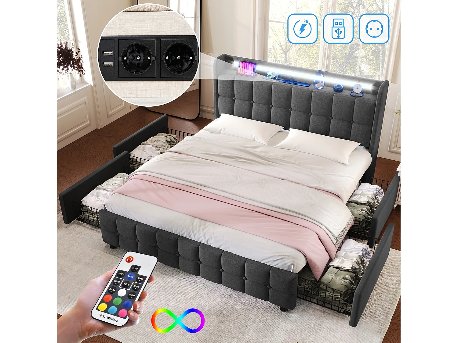 Lit adulte rembourré avec LED et 2 ports de charge USB - 2 tiroirs + sommier à lattes - tissu en lin - 160x200cm - Gris