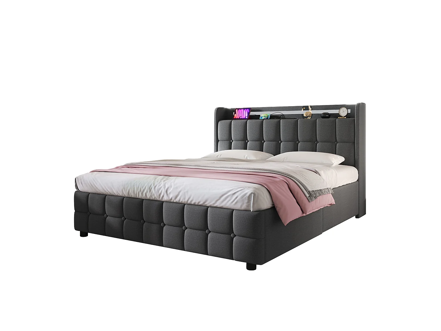 Lit rembourré 160x200cm en lin - avec LED et ports de charge USB - 2 tiroirs - Gris