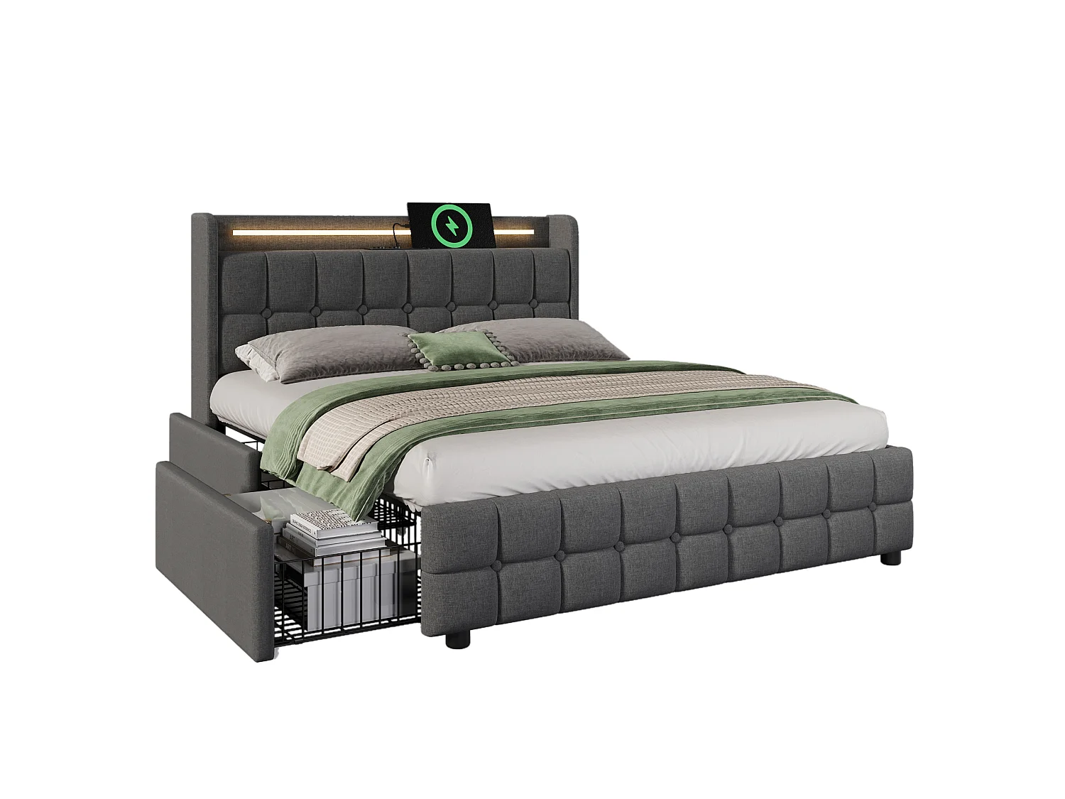 Lit rembourré 160x200cm en lin - avec LED et ports de charge USB - 2 tiroirs - Gris