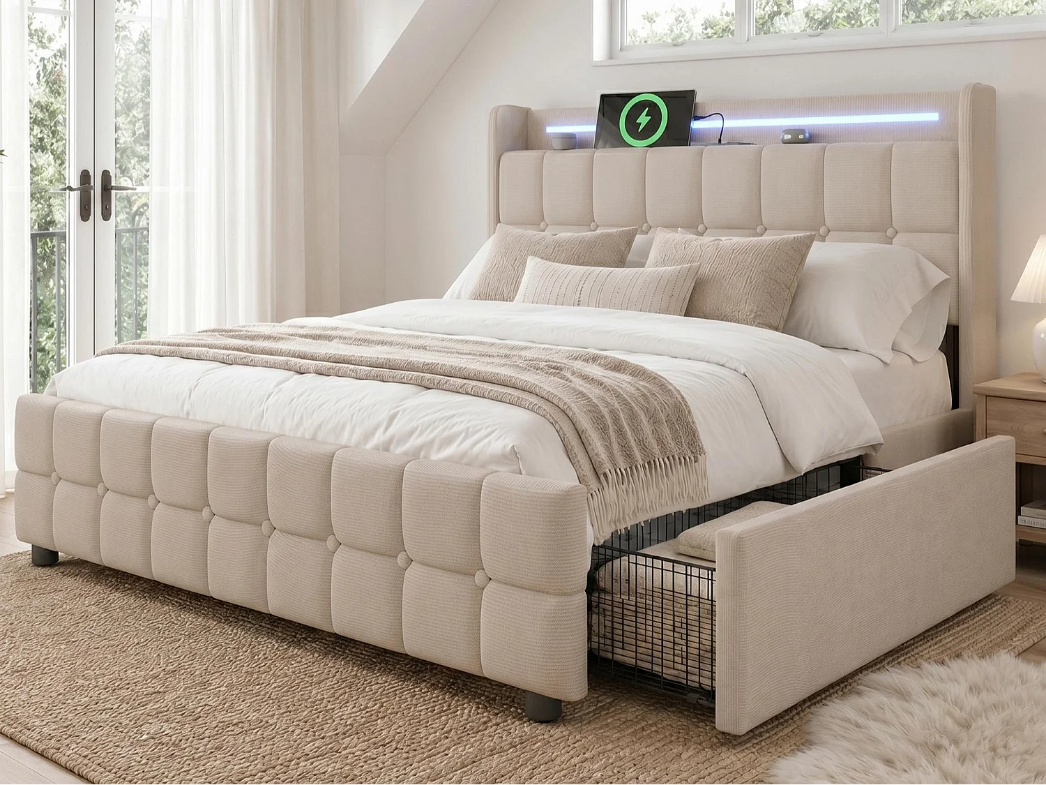 Lit rembourré 180x200cm en lin - avec LED et ports de charge USB - 2 tiroirs - Beige